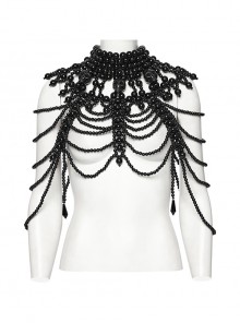 Wild Black Multi Layer Pearl Stand Up Collar Skull Beads Gothic Style Adjustable Neck Cover