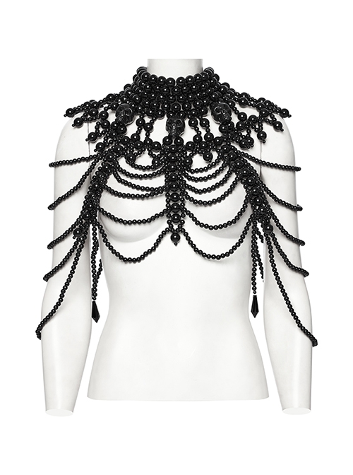 Wild Black Multi Layer Pearl Stand Up Collar Skull Beads Gothic Style Adjustable Neck Cover