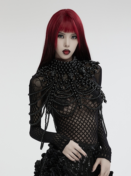 Wild Black Multi Layer Pearl Stand Up Collar Skull Beads Gothic Style Adjustable Neck Cover