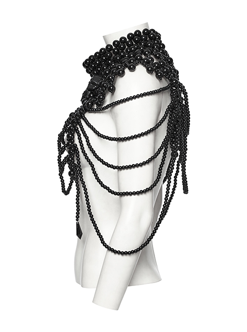 Wild Black Multi Layer Pearl Stand Up Collar Skull Beads Gothic Style Adjustable Neck Cover