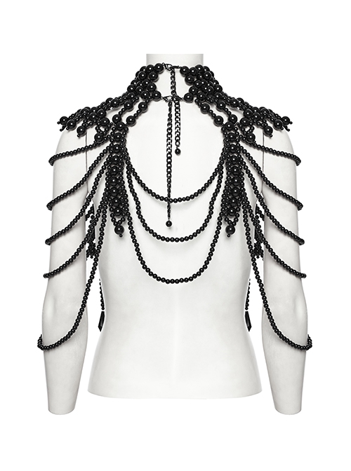 Wild Black Multi Layer Pearl Stand Up Collar Skull Beads Gothic Style Adjustable Neck Cover