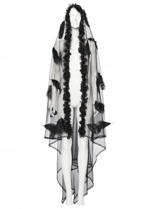 Black Light Feathers With Three Dimensional Rose Hem And Exquisite Lace Decoration Gothic Style Mesh Headdress