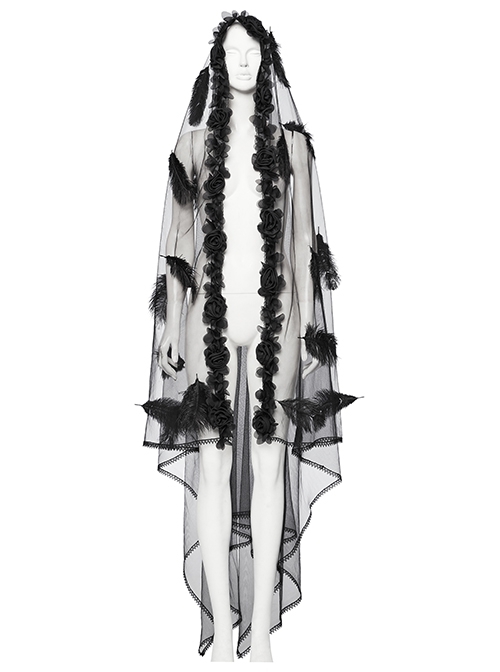 Black Light Feathers With Three Dimensional Rose Hem And Exquisite Lace Decoration Gothic Style Mesh Headdress