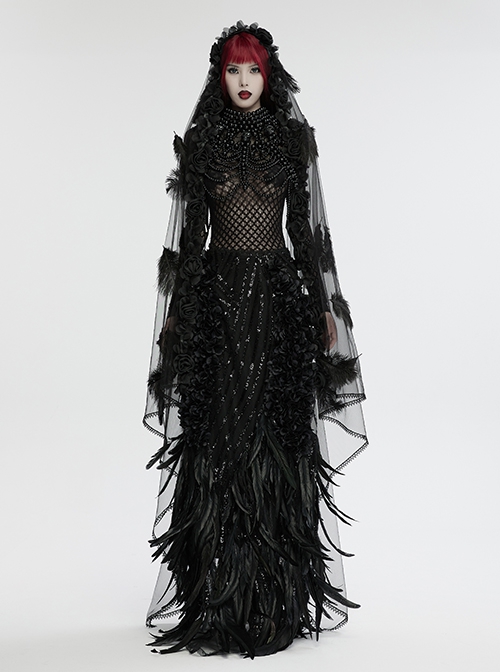 Black Light Feathers With Three Dimensional Rose Hem And Exquisite Lace Decoration Gothic Style Mesh Headdress