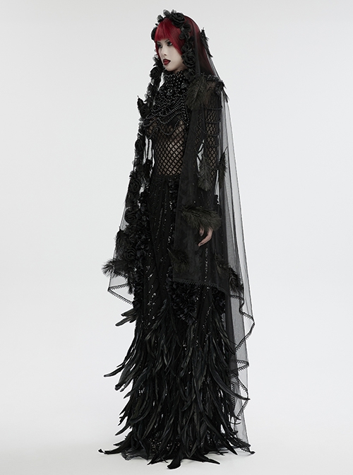 Black Light Feathers With Three Dimensional Rose Hem And Exquisite Lace Decoration Gothic Style Mesh Headdress