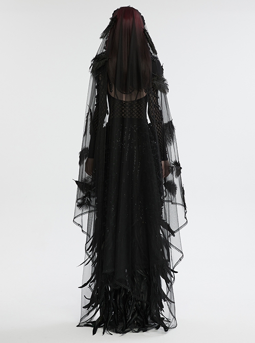 Black Light Feathers With Three Dimensional Rose Hem And Exquisite Lace Decoration Gothic Style Mesh Headdress
