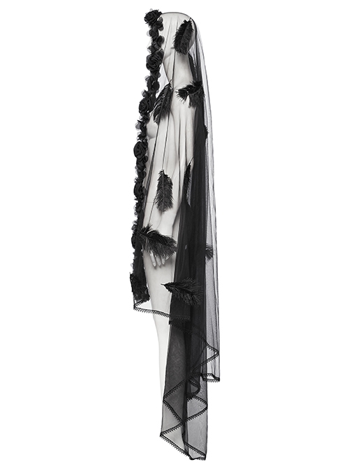 Black Light Feathers With Three Dimensional Rose Hem And Exquisite Lace Decoration Gothic Style Mesh Headdress