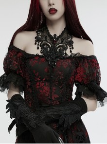 Exquisite Black And Red V Neck Symmetrical Front Center Three Dimensional Gemstone Pendant With Lace Design Gothic Style Noble Necklace