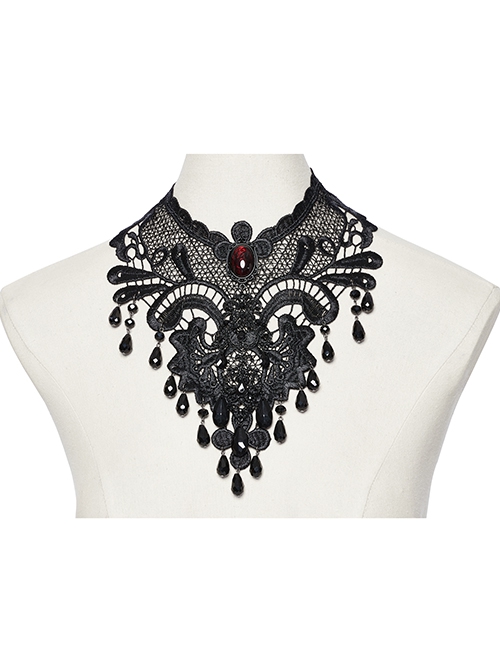Exquisite Black And Red V Neck Symmetrical Front Center Three Dimensional Gemstone Pendant With Lace Design Gothic Style Noble Necklace