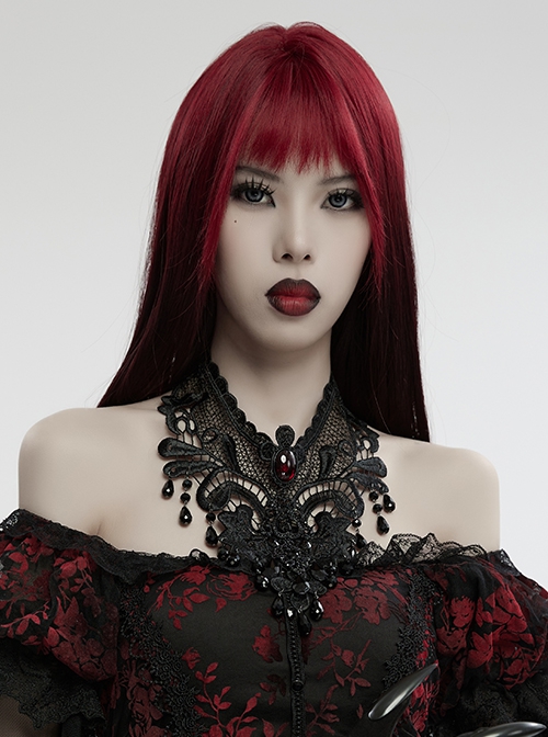 Exquisite Black And Red V Neck Symmetrical Front Center Three Dimensional Gemstone Pendant With Lace Design Gothic Style Noble Necklace