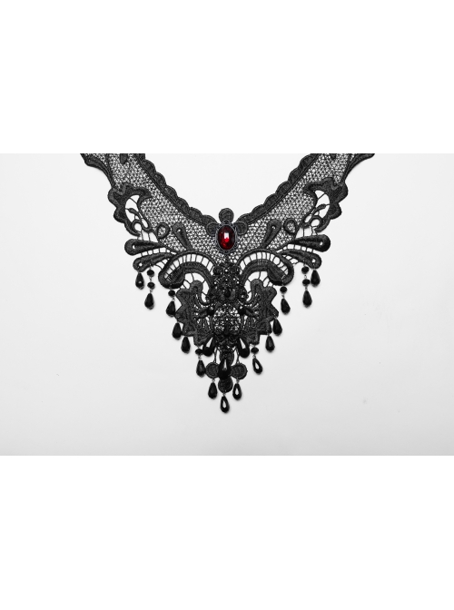 Exquisite Black And Red V Neck Symmetrical Front Center Three Dimensional Gemstone Pendant With Lace Design Gothic Style Noble Necklace