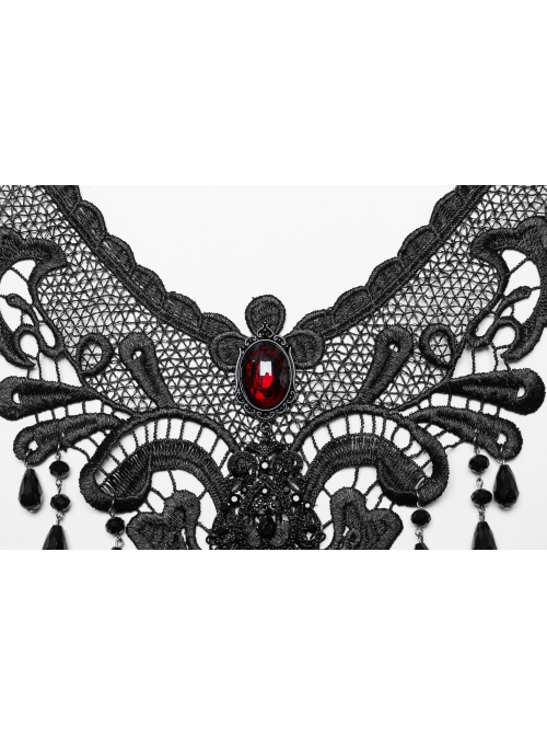 Exquisite Black And Red V Neck Symmetrical Front Center Three Dimensional Gemstone Pendant With Lace Design Gothic Style Noble Necklace
