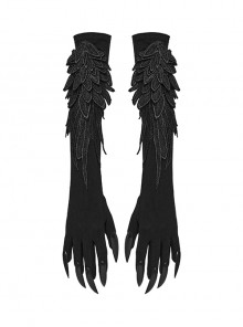 Black Exquisite Three Dimensional Wings Embroidered Applique With Sharp Devil Claw Design Gothic Style Personalized Gloves