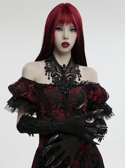 Black Exquisite Three Dimensional Wings Embroidered Applique With Sharp Devil Claw Design Gothic Style Personalized Gloves