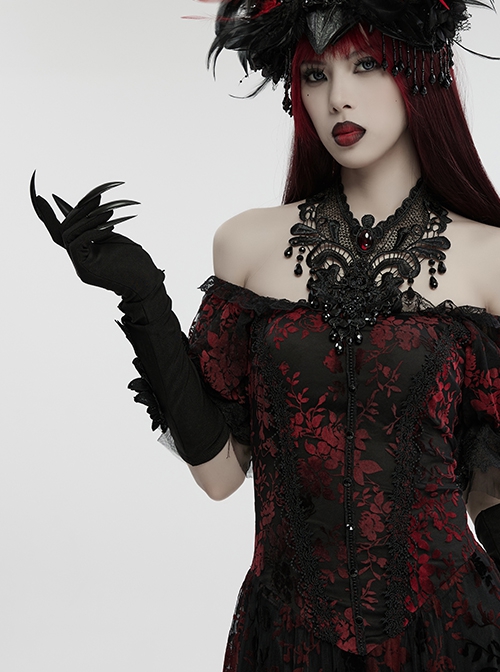 Black Exquisite Three Dimensional Wings Embroidered Applique With Sharp Devil Claw Design Gothic Style Personalized Gloves