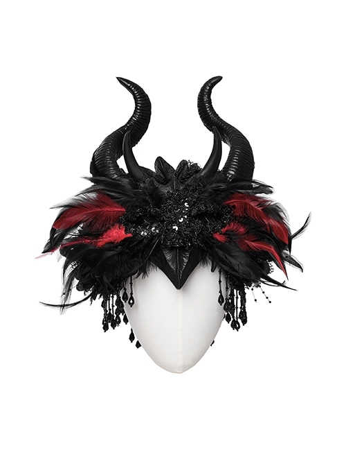 Handsome Black And Red Devil Horns Feathers And Gorgeous Tassels On The Side Gothic Style Devil Headdress