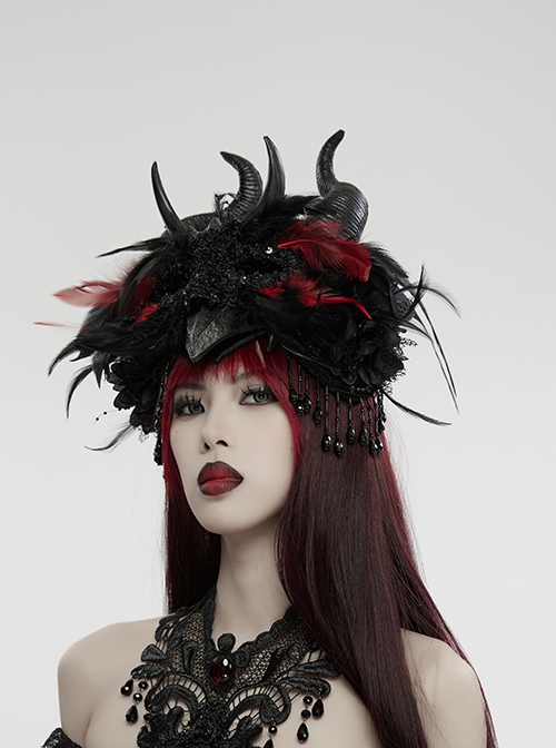 Handsome Black And Red Devil Horns Feathers And Gorgeous Tassels On The Side Gothic Style Devil Headdress