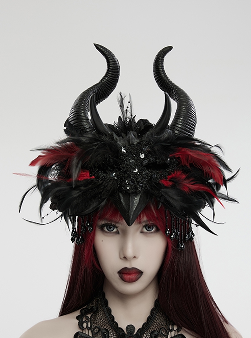 Handsome Black And Red Devil Horns Feathers And Gorgeous Tassels On The Side Gothic Style Devil Headdress