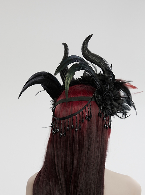 Handsome Black And Red Devil Horns Feathers And Gorgeous Tassels On The Side Gothic Style Devil Headdress