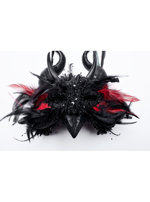 Handsome Black And Red Devil Horns Feathers And Gorgeous Tassels On The Side Gothic Style Devil Headdress