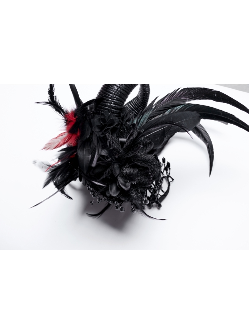 Handsome Black And Red Devil Horns Feathers And Gorgeous Tassels On The Side Gothic Style Devil Headdress