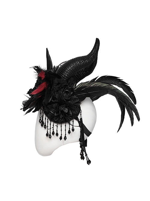 Handsome Black And Red Devil Horns Feathers And Gorgeous Tassels On The Side Gothic Style Devil Headdress