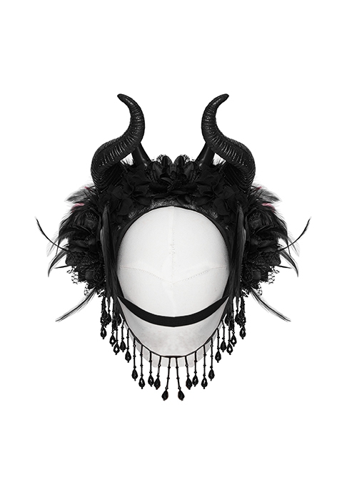 Handsome Black And Red Devil Horns Feathers And Gorgeous Tassels On The Side Gothic Style Devil Headdress