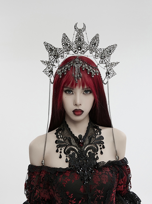 Exquisite Silver Metal Hollow Carving With Three-Dimensional Faceted Gemstone Gothic Style Headband Headdress
