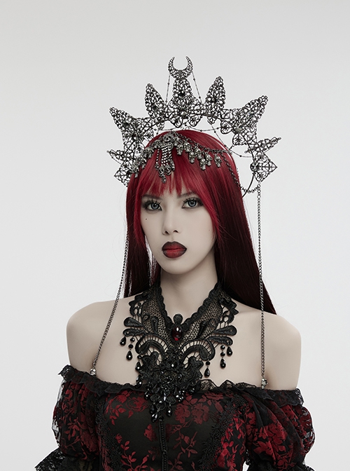 Exquisite Silver Metal Hollow Carving With Three-Dimensional Faceted Gemstone Gothic Style Headband Headdress