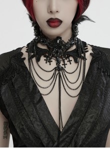 Black Delicate Lace With Metal Chain Front Cross Pendant Design Gothic Style Feather Necklace