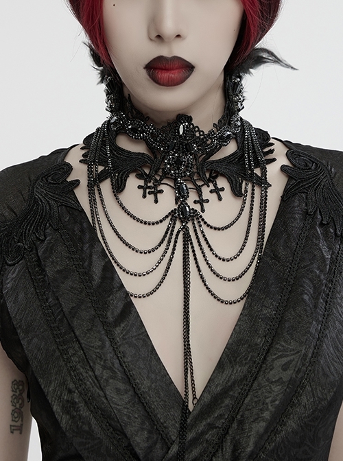 Black Delicate Lace With Metal Chain Front Cross Pendant Design Gothic Style Feather Necklace