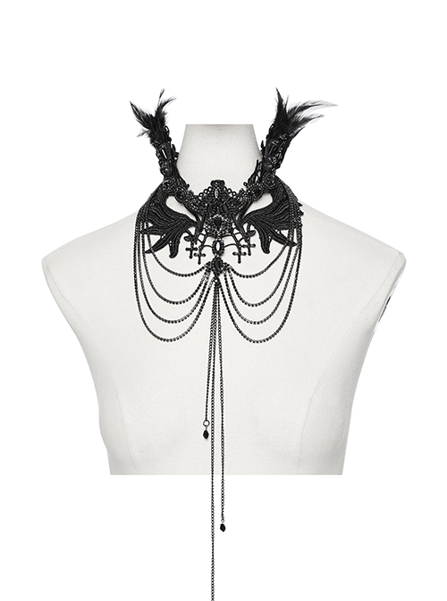 Black Delicate Lace With Metal Chain Front Cross Pendant Design Gothic Style Feather Necklace