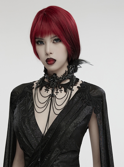 Black Delicate Lace With Metal Chain Front Cross Pendant Design Gothic Style Feather Necklace