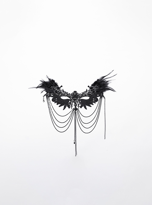 Black Delicate Lace With Metal Chain Front Cross Pendant Design Gothic Style Feather Necklace