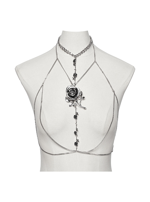 Silver Drape Alloy Chain Chest Thorn Rose Decoration Gothic Style Light Luxury Necklace