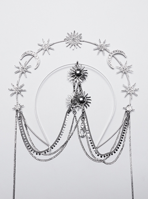 Elegant Silver Alloy Imitation Diamond Water Drop Pendant With Star And Moon Decoration Gothic Style Exquisite Headdress