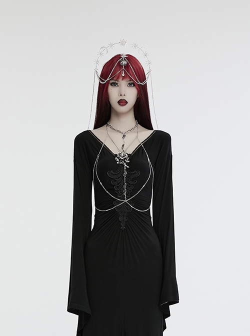 Elegant Silver Alloy Imitation Diamond Water Drop Pendant With Star And Moon Decoration Gothic Style Exquisite Headdress