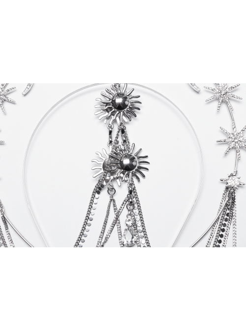 Elegant Silver Alloy Imitation Diamond Water Drop Pendant With Star And Moon Decoration Gothic Style Exquisite Headdress