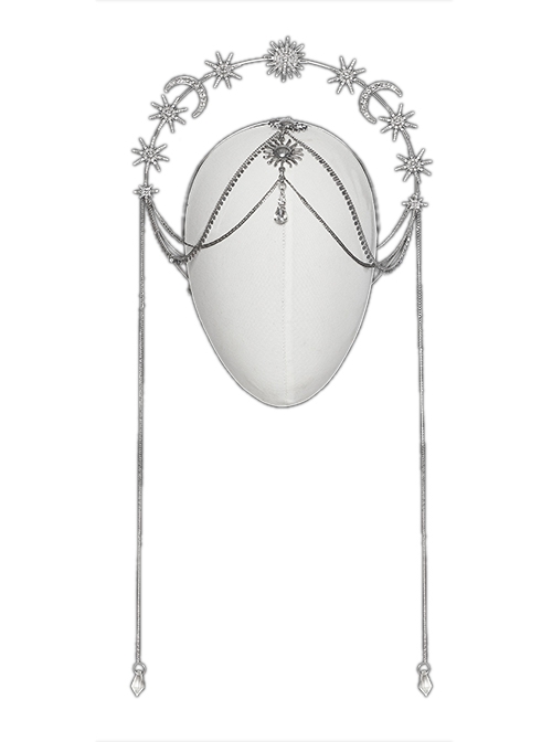 Elegant Silver Alloy Imitation Diamond Water Drop Pendant With Star And Moon Decoration Gothic Style Exquisite Headdress