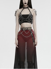 Silver And Black Halter Neck Spikes With Rivets Stitching Leather Fabric Metal Chain Decoration On The Chest Punk Style Sexy Chain Harness