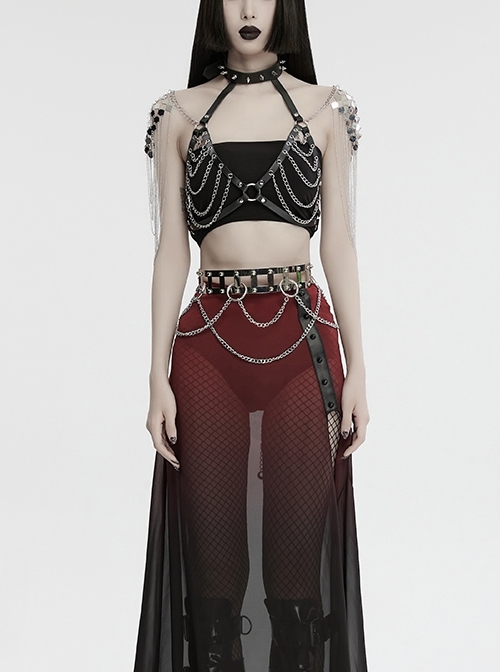 Silver And Black Halter Neck Spikes With Rivets Stitching Leather Fabric Metal Chain Decoration On The Chest Punk Style Sexy Chain Harness