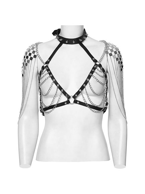 Silver And Black Halter Neck Spikes With Rivets Stitching Leather Fabric Metal Chain Decoration On The Chest Punk Style Sexy Chain Harness