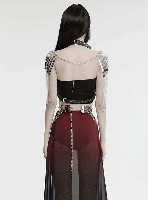Silver And Black Halter Neck Spikes With Rivets Stitching Leather Fabric Metal Chain Decoration On The Chest Punk Style Sexy Chain Harness