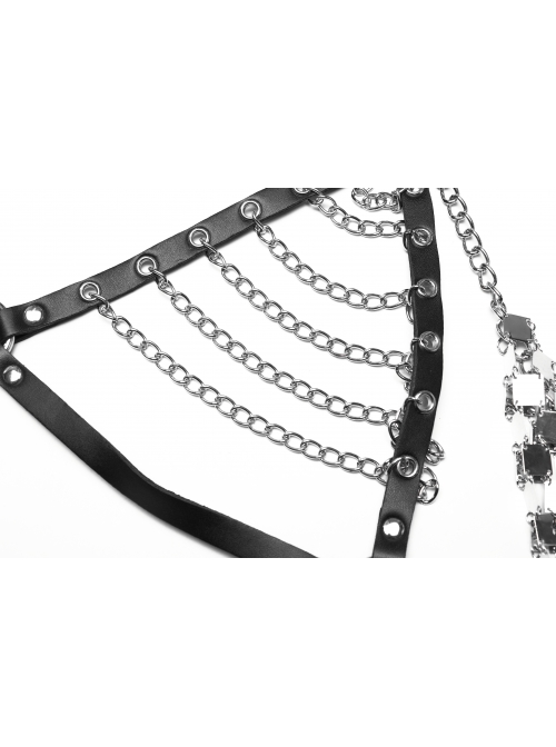 Silver And Black Halter Neck Spikes With Rivets Stitching Leather Fabric Metal Chain Decoration On The Chest Punk Style Sexy Chain Harness