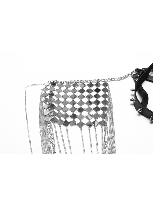 Silver And Black Halter Neck Spikes With Rivets Stitching Leather Fabric Metal Chain Decoration On The Chest Punk Style Sexy Chain Harness