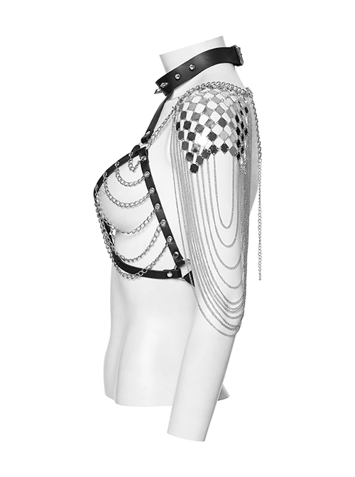 Silver And Black Halter Neck Spikes With Rivets Stitching Leather Fabric Metal Chain Decoration On The Chest Punk Style Sexy Chain Harness