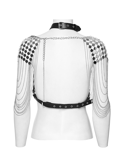 Silver And Black Halter Neck Spikes With Rivets Stitching Leather Fabric Metal Chain Decoration On The Chest Punk Style Sexy Chain Harness