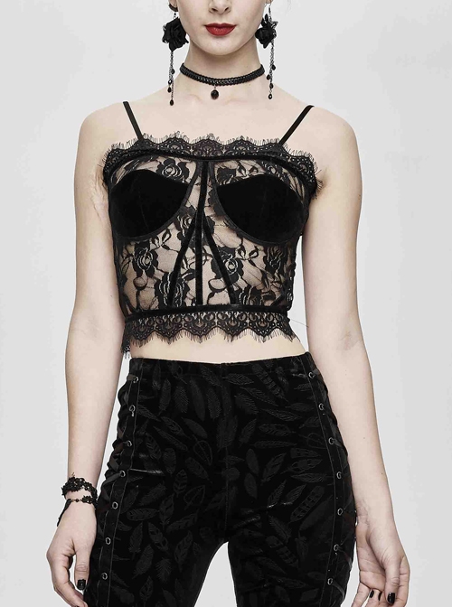 Black Gothic Adjustable Flocking Ribbons Decorated Lace Halter Corset