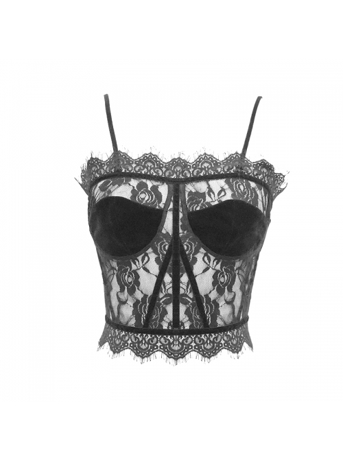 Black Gothic Adjustable Flocking Ribbons Decorated Lace Halter Corset