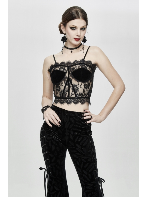 Black Gothic Adjustable Flocking Ribbons Decorated Lace Halter Corset